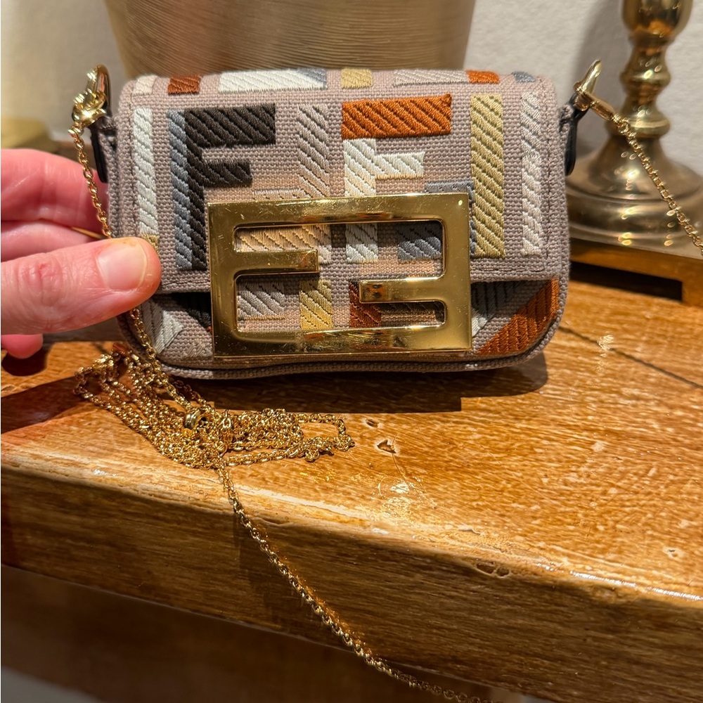 Authentic EUC Fendi Canvas FF Embroidery Nano Baguette Charm in beige multicolor - Picture 2 of 6